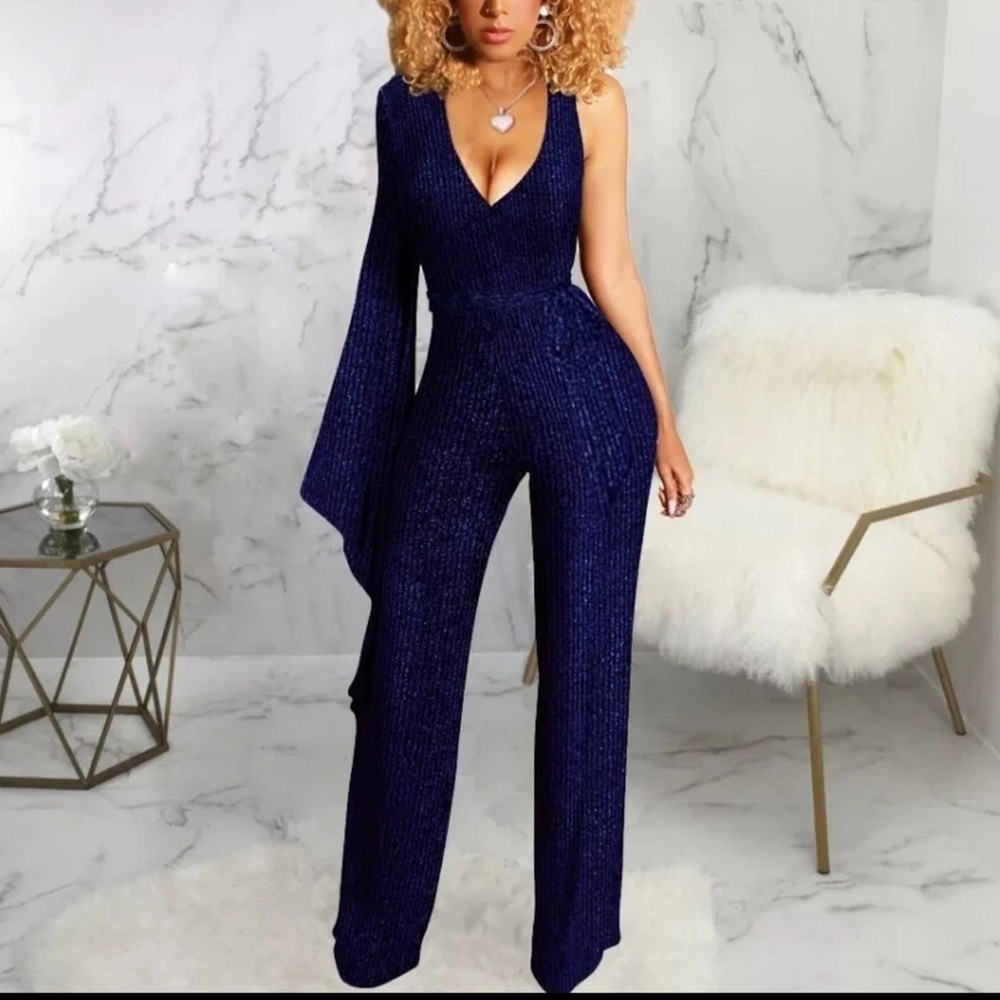 🟣 BLUE & BLACK SHIMMER ONE SHOULDER JUMPSUIT SIZE MEDIUM